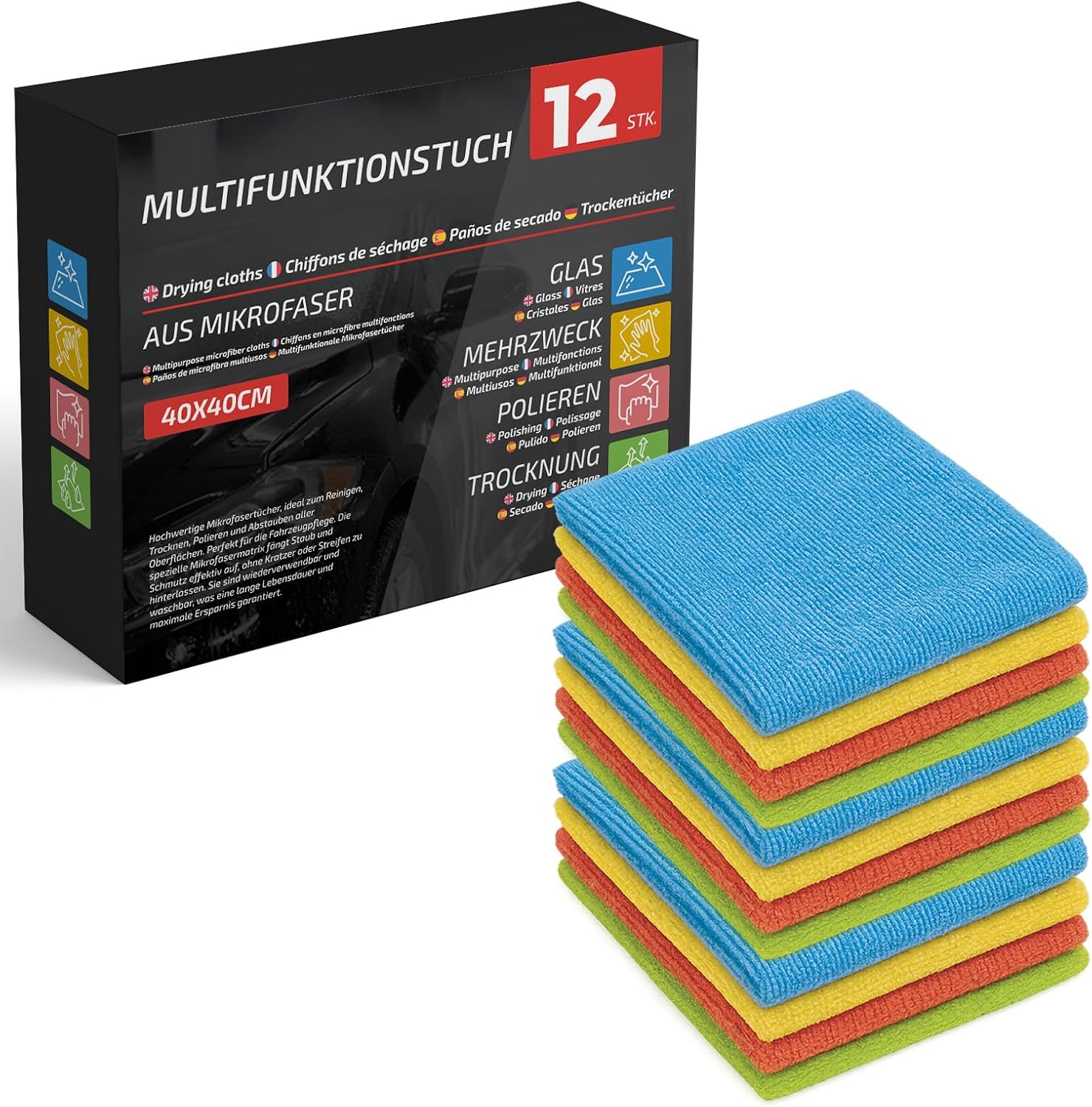 Set of 12 Microfibre Cloths 40 × 40 || Glass Cloths, Multi-Purpose, Polishing, Drying || Car and Home Cleaning Kit