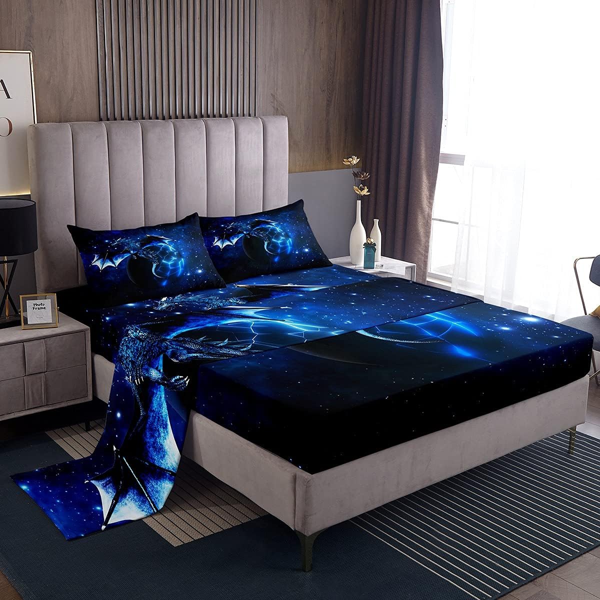 Feelyou Kids Bed Sheets Twin Size Galaxy Dragon Bed Sheet Set Chic Outer Space Starry Sky Bedding Set Jungle Animals Dragon Bedding Sheets for Boys Children Teens Bedroom Decor Blue Black