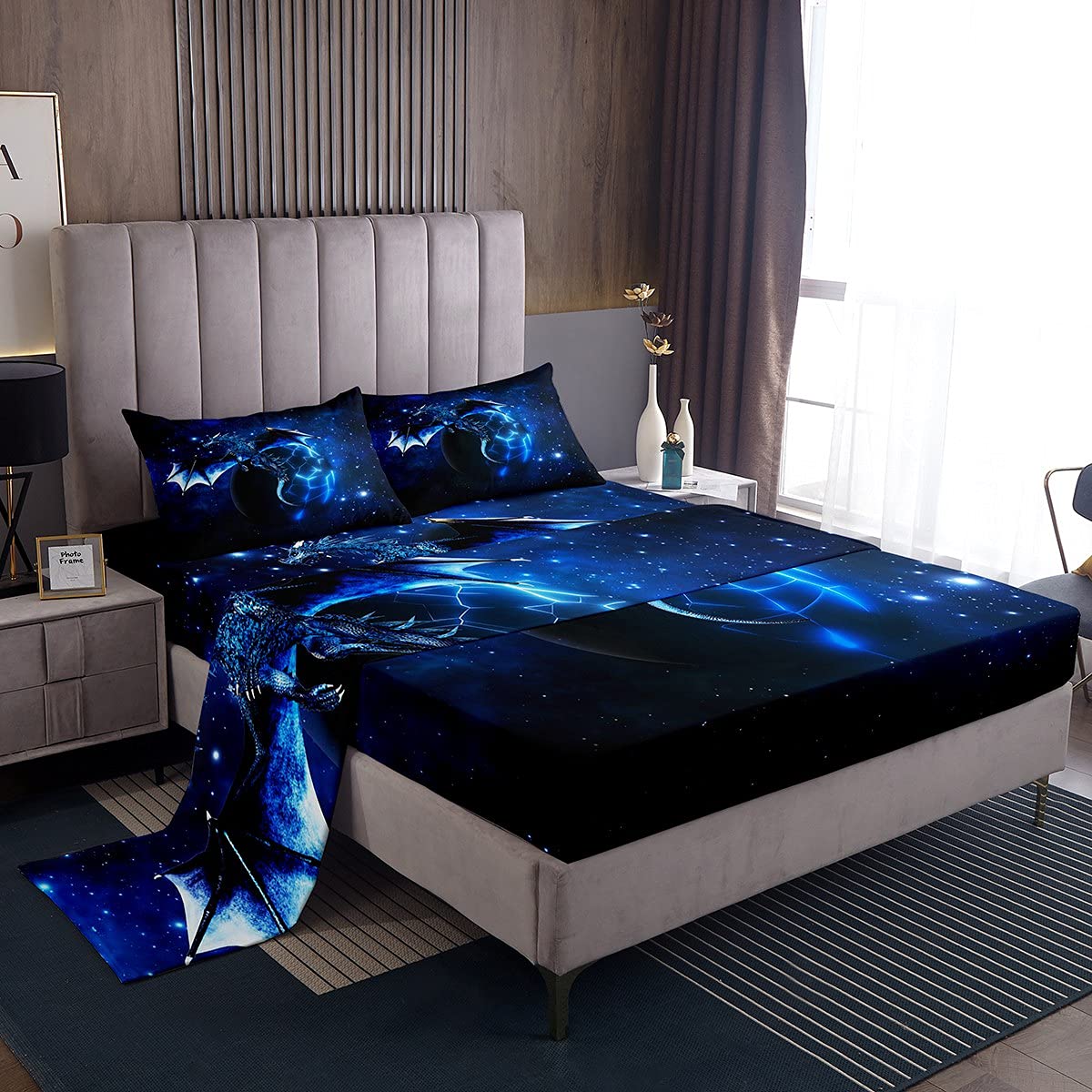 Feelyou Kids Bed Sheets Twin Size Galaxy Dragon Bed Sheet Set Chic Outer Space Starry Sky Bedding Set Jungle Animals Dragon Bedding Sheets for Boys Children Teens Bedroom Decor Blue Black
