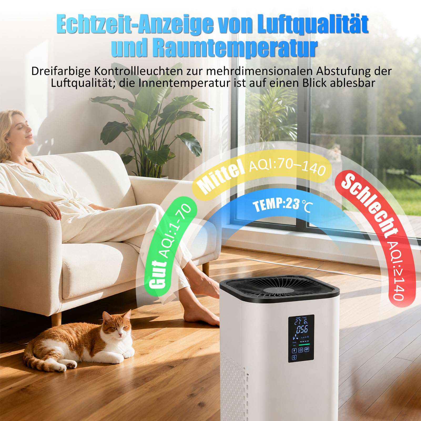 Oczyszczacz powietrza dla alergików CADR 400 m³/h do 160 m², filtr powietrza HEPA Air Purifier w czasie rzeczywistym PM2.5 i wskaźnik temperatury, jonizator, tryb automatyczny, cichy tylko 20 dB