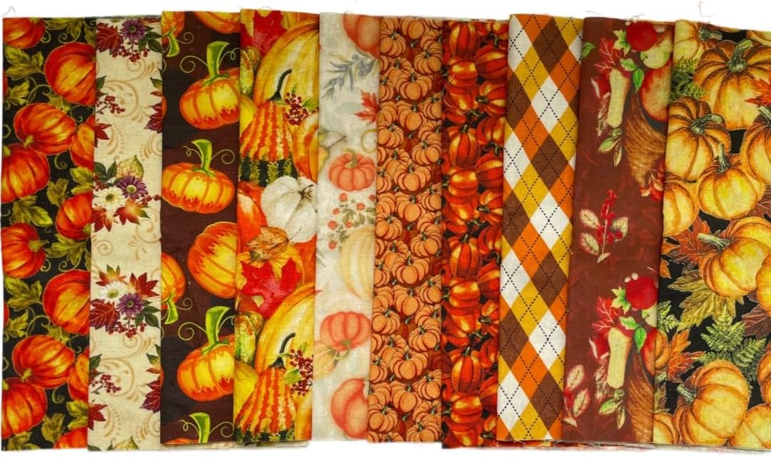 Fall Harvest Cotton Fabric Bundle, 10 Pcs 10x10 Inch Pre-Cut Quilt Squares, Orange Pumpkins Thanksgiving Theme, DIY Sewing Patchwork (Orange)