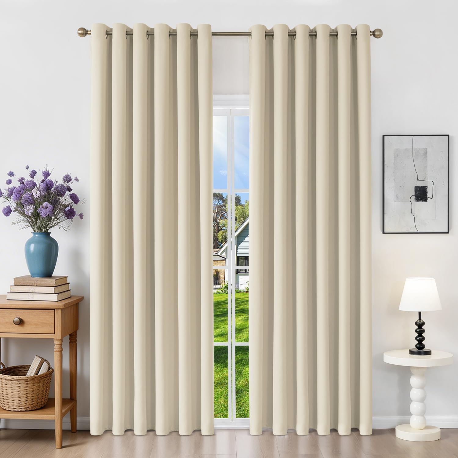 Runyéla Blackout Curtains for Bedroom Eyelet 90 x 90 Inch Drop Thermal Black Out Curtain for Living Room, 2 Panels, Light Beige