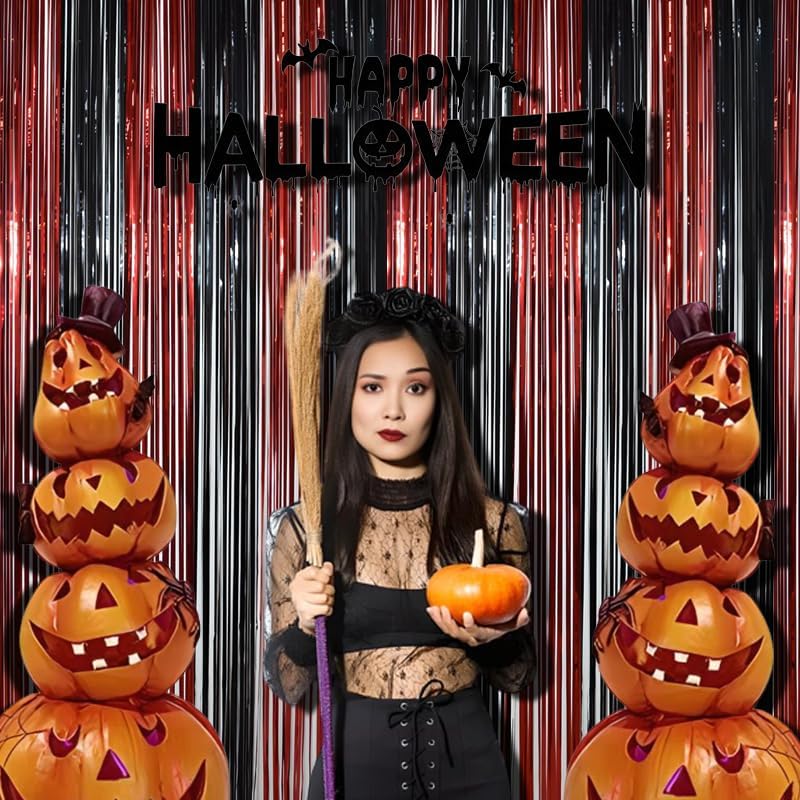 Miniatura 3 de BRAVESHINE Cortinas de fondo de fotos de oropel  2 unidades de 3.2 x 8.2 pies, cortinas de flecos de papel de aluminio negro y rojo para Halloween,