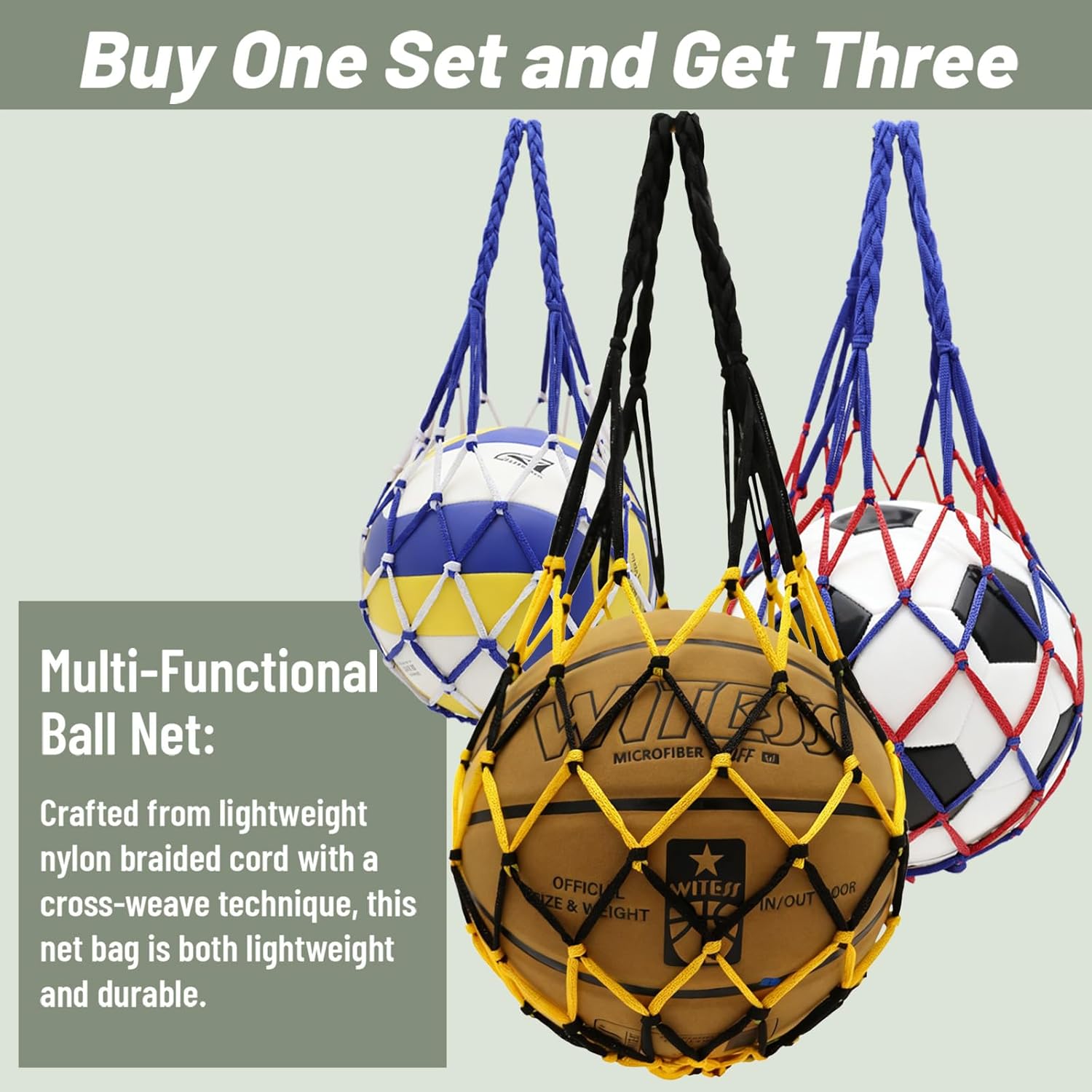 Basketball Bag Mesh Ball Bags 3 Pack- Durable Nylon Soccer Basketball Football Volleyball Ball Bag, Easy to Carry Sports Ball Equipment Storage