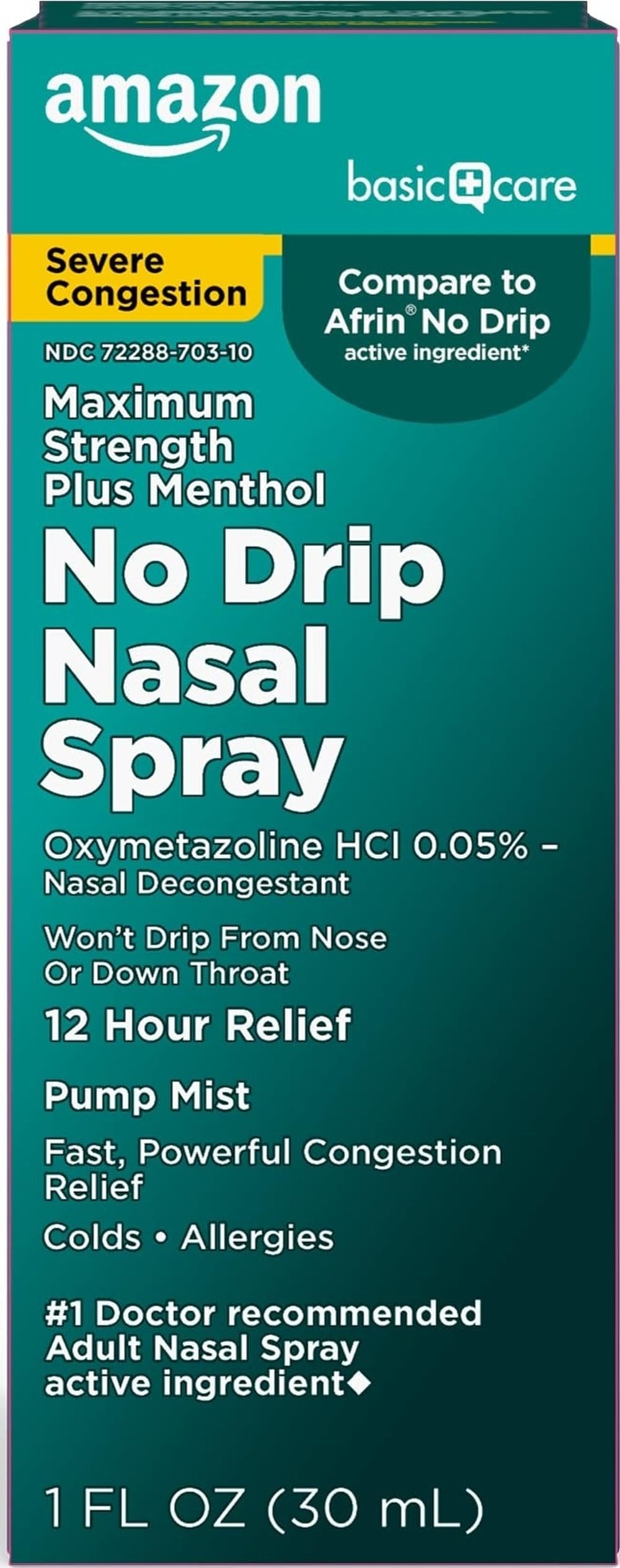 Amazon Basic Care No Drip Severe 12 Hour Nasal Decongestant Pump Mist, Maximum Strength Plus Menthol, Allergy Relief, 1 fl oz (Pack of 1)