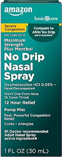 Amazon Basic Care No Drip Severe 12 Hour Nasal Decongestant Pump Mist, Maximum Strength Plus Menthol, Allergy Relief, 1 fl oz (Pack of 1)