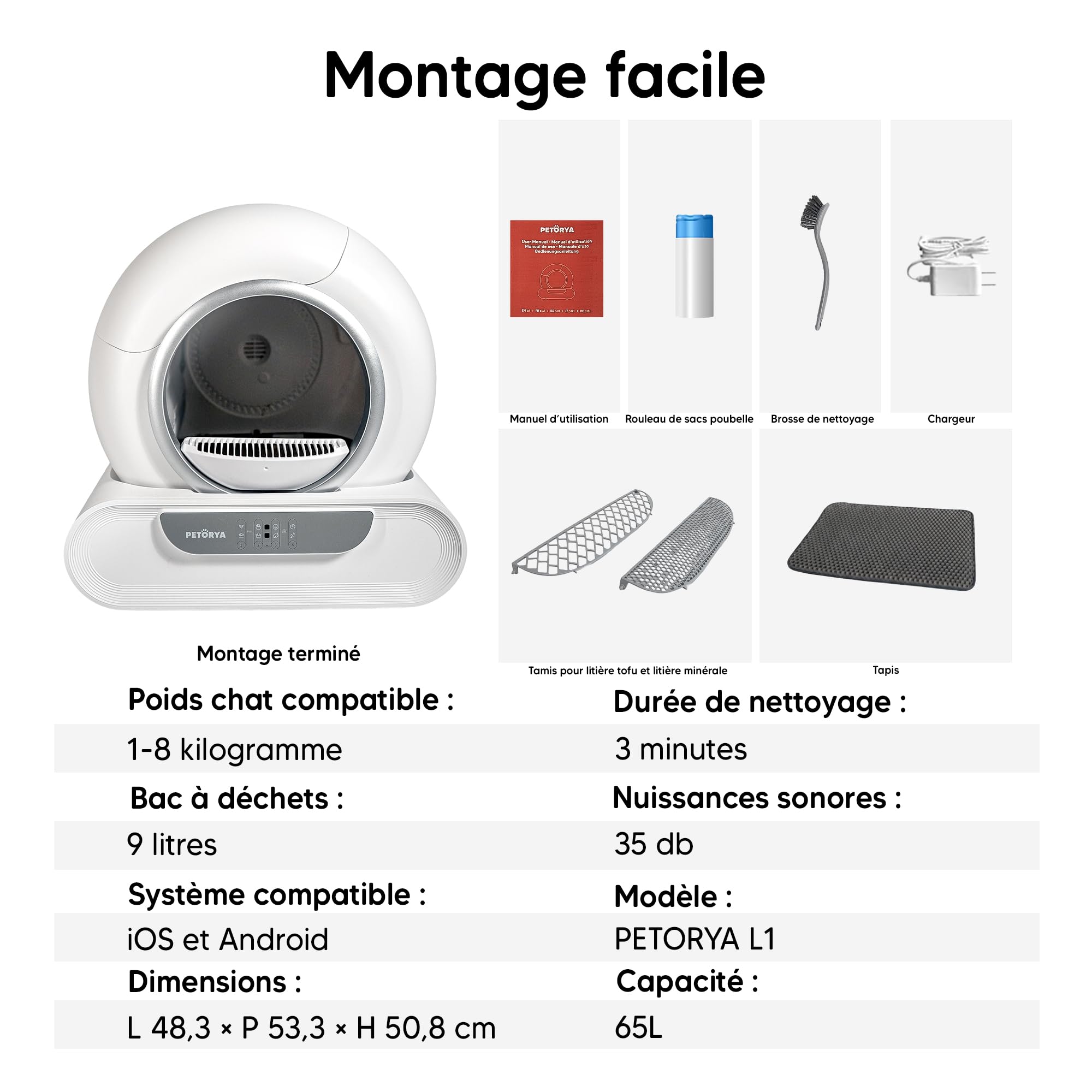 Litiere Chat Autonettoyante PETORYA, Bac à Litière Automatique, Anti-Fuites/Anti-Pincement/Anti-Odeur/Secure/Contrôle APP/Nettoyage Facile, Capacité XXL de 65L pour Plusieurs Chats