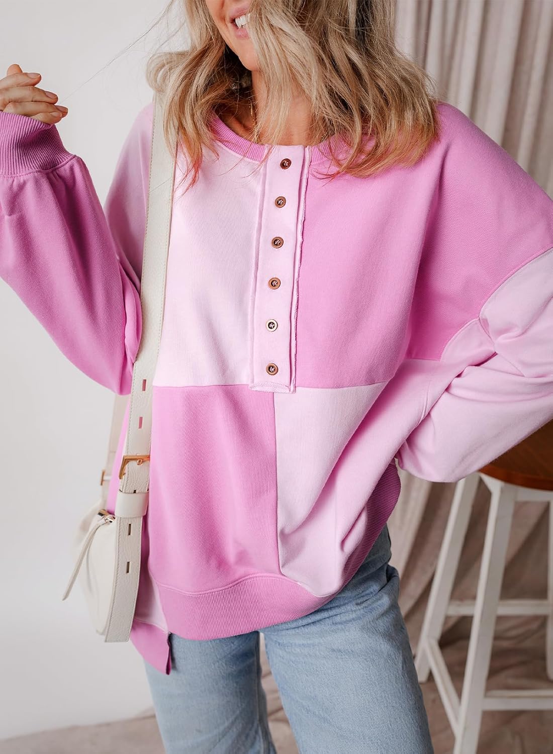 SHEWIN Womens Oversized Color Block Sweatshirts Casual Loose Button Henley Pullover Tops - Image 2
