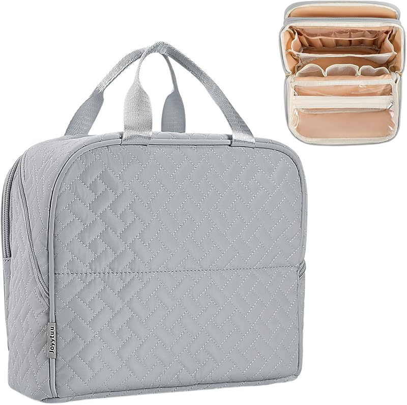 Necessaire de maquiagem JOYYTUU vertical com divisórias, suporte para pincéis, alça e zíper, cinza, 23,88 x 20,83 x 10,67 cm