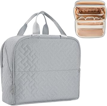 Makeup Bag, Stand up Large Capacity with Room for Brushes and Mirror, Travel Makeup Organizer, Portable Standing Make Up Case, Waterproof Cosmetic Toiletry Bags with Handle, Color Grey