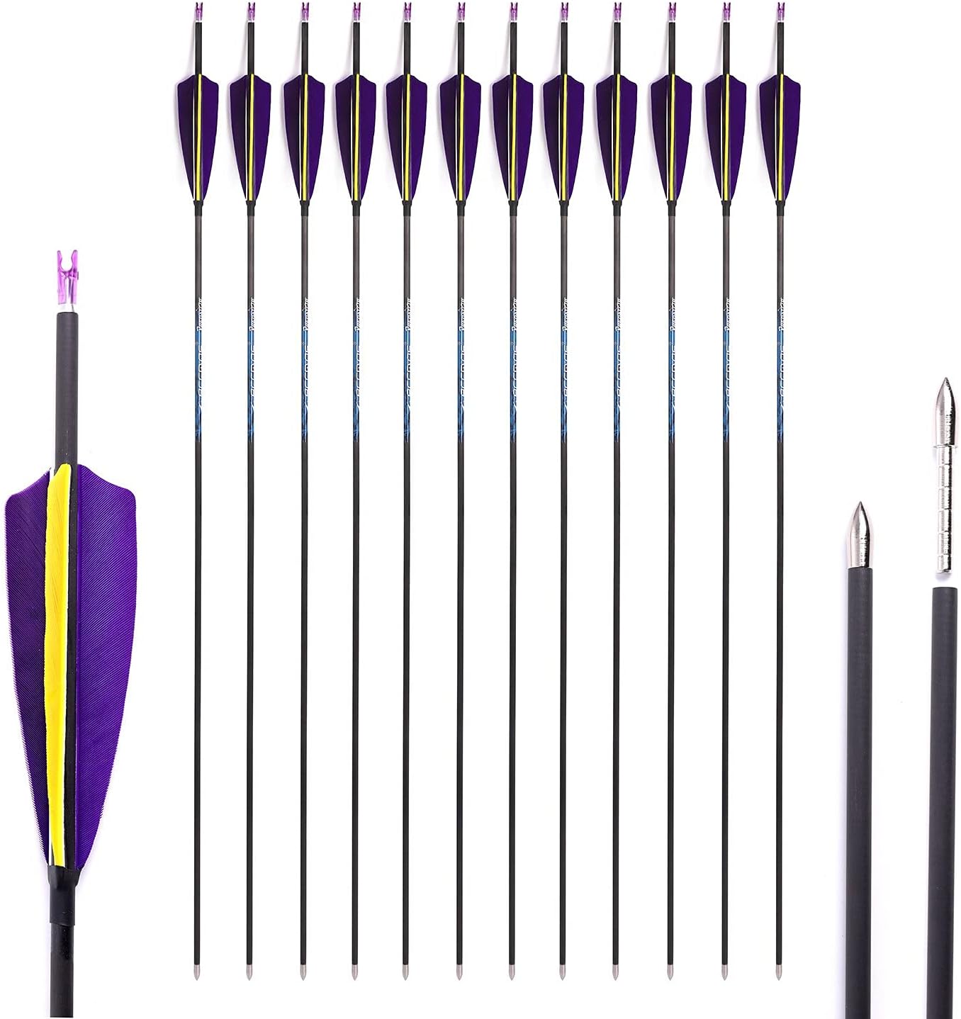 350 Spine Arrow 30 Inch Arrow Target Practice Arrow Hunting Arrow Carbon Arrows Compound Bow Recurve Bow Adult Youth Archery Indoor Outdoor Shooting Bullet Tip 12pc Purple