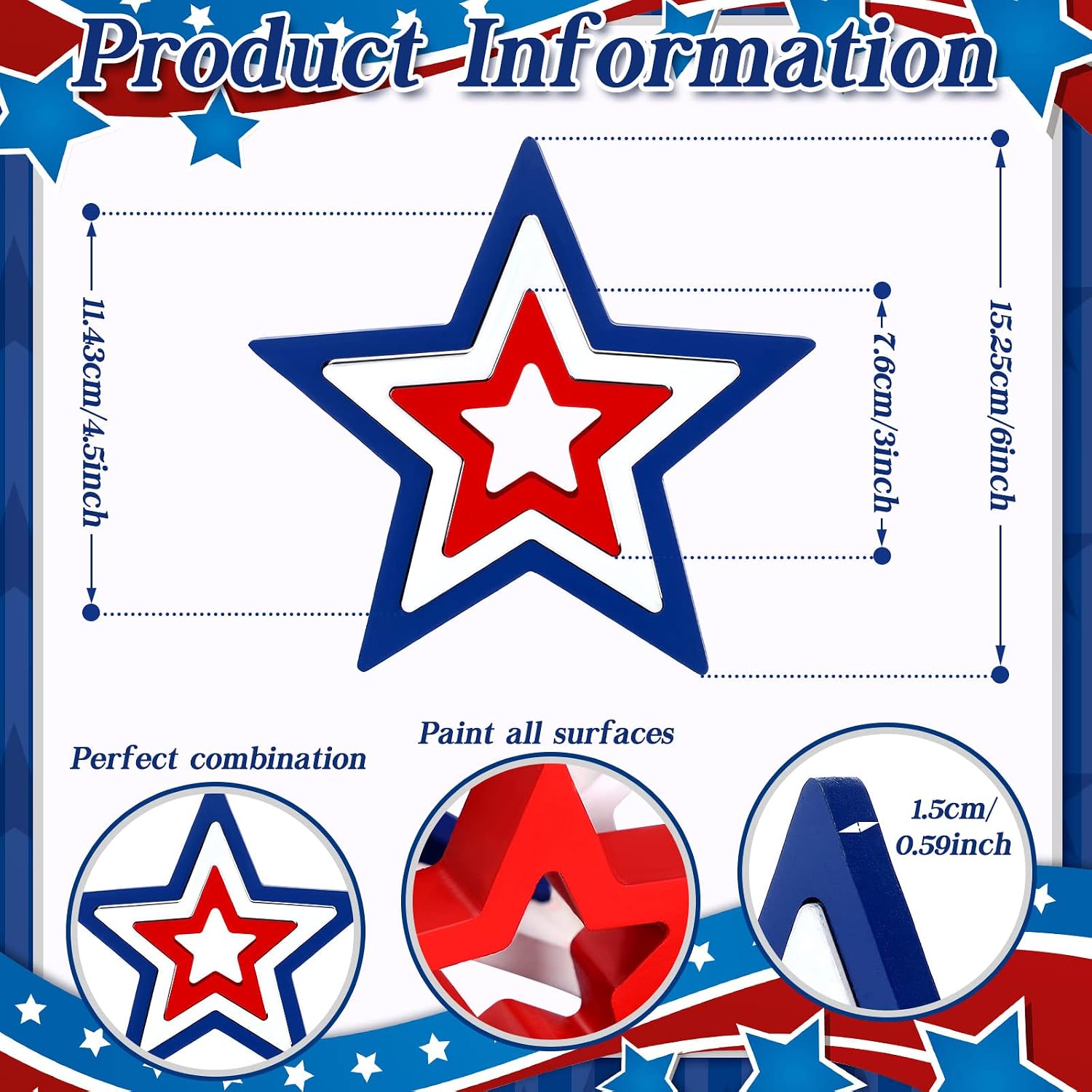 Blulu 3 Pcs Labor Day Star Decorations Patriotic Red and White Blue Star Wooden Signs America Table Decor Farmhouse Tabletop Centerpiece for Veterans Day Home Office Desk Shelf Mantle (Classic)