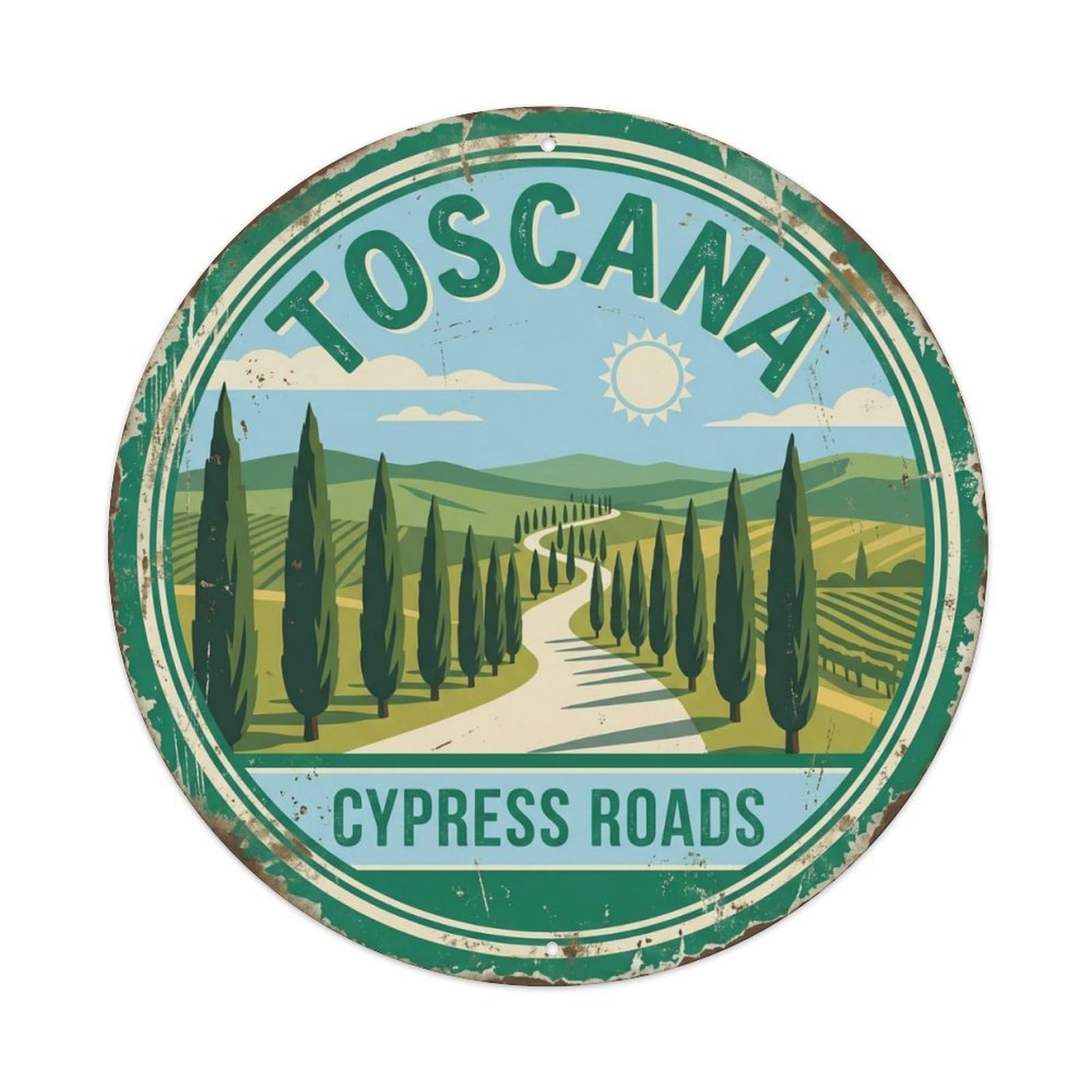 Vintage Travel Tuscany Cypress Italy Metal Tin Sign Plaque Wall Decor for Cafe, Club, Garden Round Metal Poster 8x8Inch