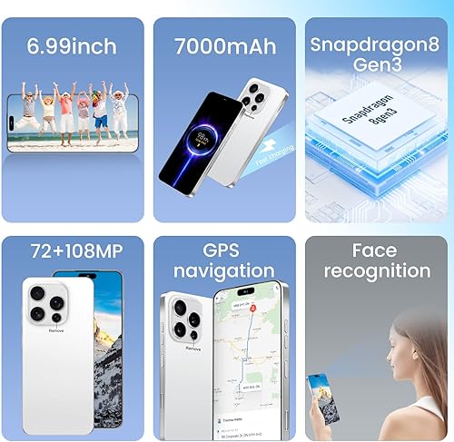 Miniatura 5 de Huness Teléfono celular desbloqueado de 16PROMA X 16+1TB, pantalla HD de 6.99 pulgadas, batería de 7000 mAh, Android 14, desbloqueo de botón de