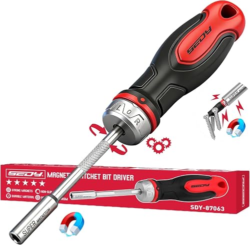 1/4″ Magnetic Ratcheting Screwdriver, Durable Bit Holding Screwdriver With Non-Slip Handle 220mm Long Multi Tip Screwdrivers Ratchet Bits Driver Ergonomic Cushion Grip For Garage & Daily Repair