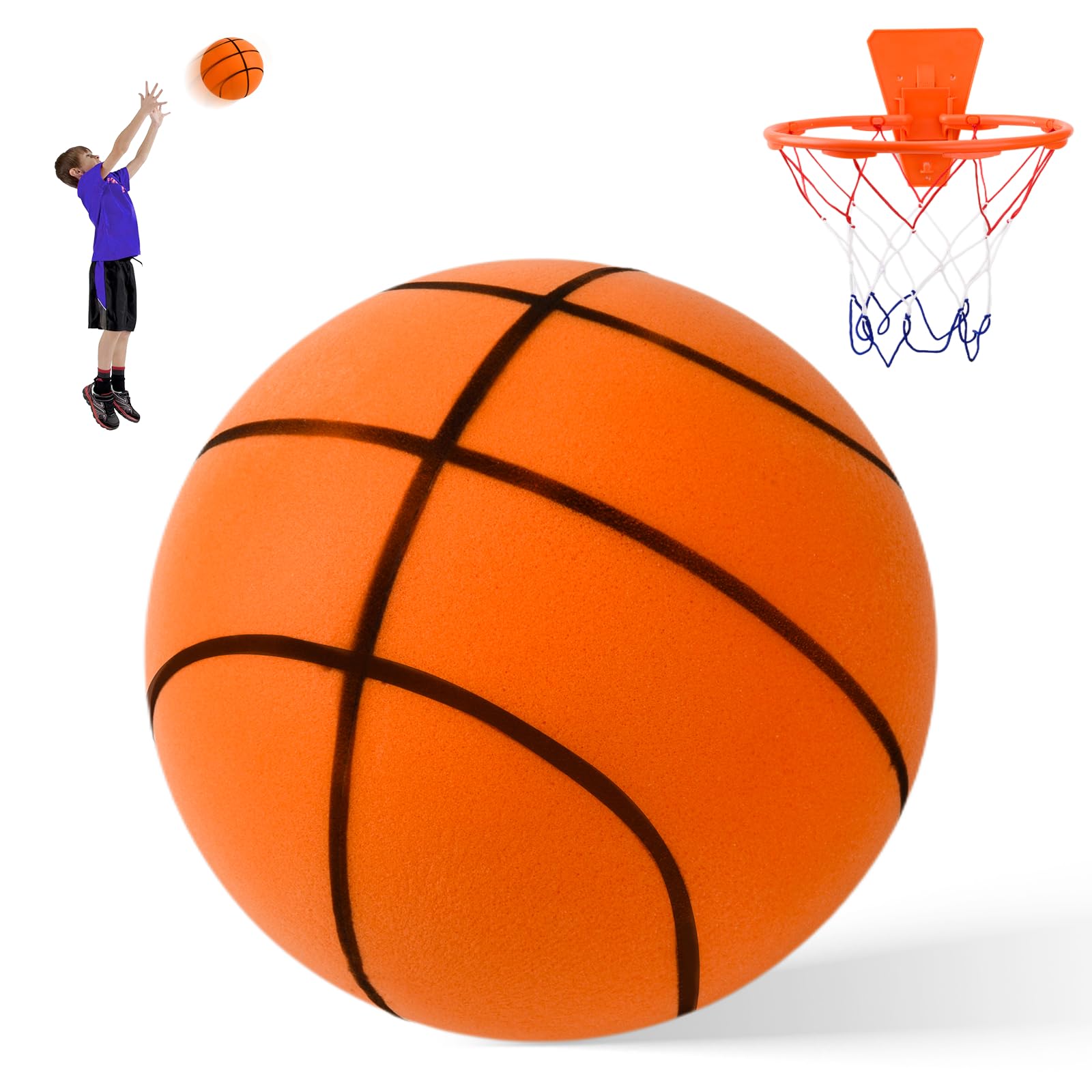 Ballon de Basket Enfant, Ballon de Basket Silencieux Taille 3, 18cm Ballon Basket Mousse, Basketball d'intérieur Silencieux, Silent Ball Basketball avec Panier, pour Enfants 3 4 5 6 Ans