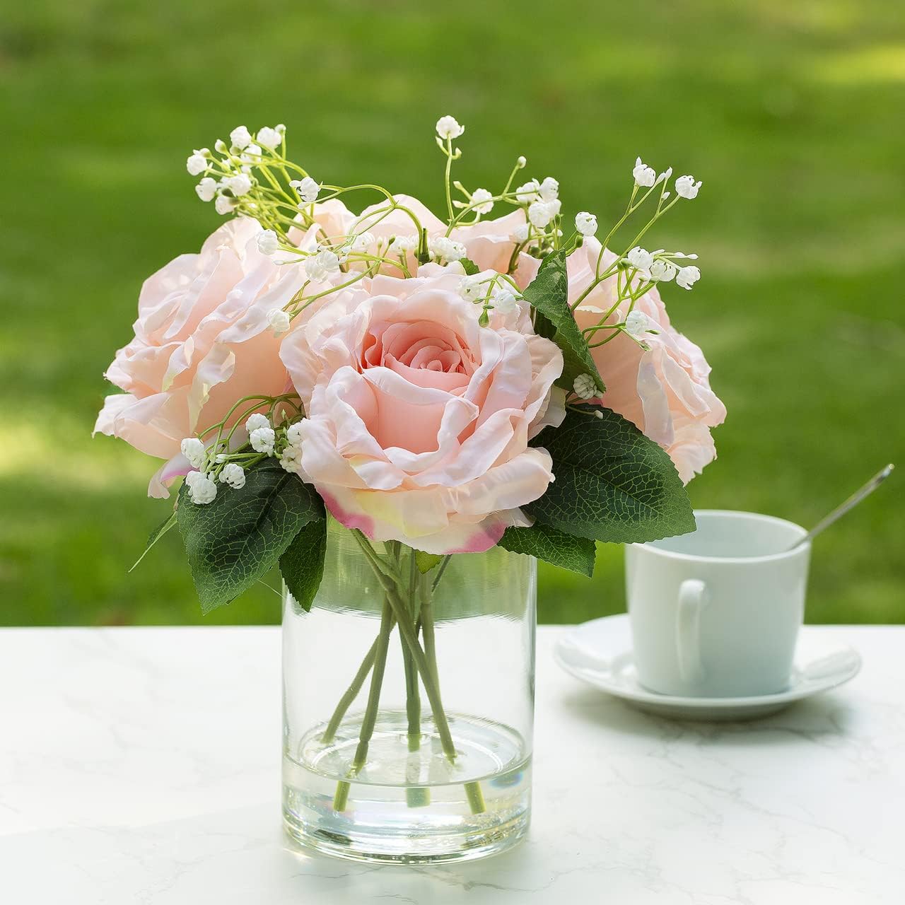 ENOVA FLORAL Large Silk Rose Artificial Flowers in Vase, Pink Rose Faux Flowers Arrangement in Round Bowl Vase with Faux Water for Home Table Decoration (Pink)