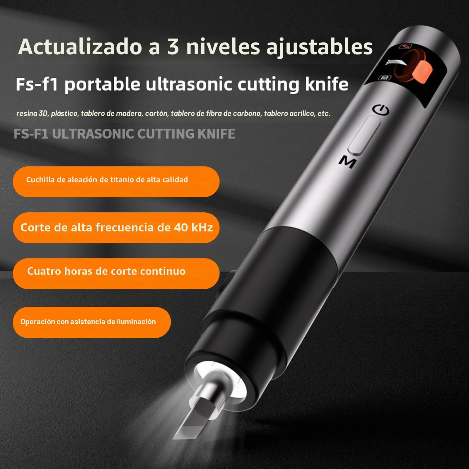 Elprico Cúter ultrasónico, 40 kHz 30 W, cuchillo ultrasónico con 3 niveles de velocidad, pantalla OLED, 50 cuchillas e iluminación LED para resina de plástico, impresiones 3D y proyectos de bricolaje