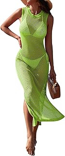 Pink Queen Women Swimsuit Cover Up Hollow Out Sleeveless Beach Maxi Dress Side Split Knit Bathing Suit Cover Up for Women