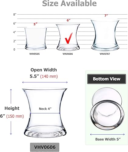 Miniatura 2 de WGV - Jarrón de ramo único, 5.5 pulgadas de ancho, 6 pulgadas de alto, recipiente floral de vidrio Neiman cóncavo corto transparente de huracán,