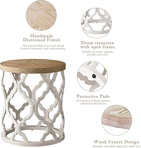 Miniatura 5 de karlott Mesa auxiliar de granja, mesa auxiliar redonda francesa de 18.5 pulgadas, mesa auxiliar superior envejecida con base de marco de motivo