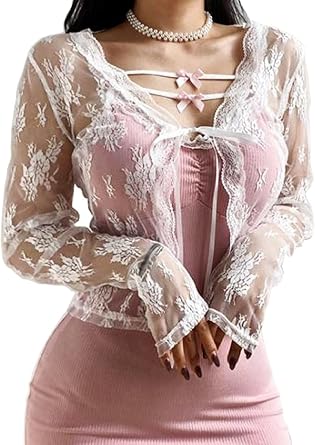 Womens Sexy Button Up Shirt Long Sleeve Sheer Blouses Deep V Neck Crop Top Lace See Through Club Streetwear