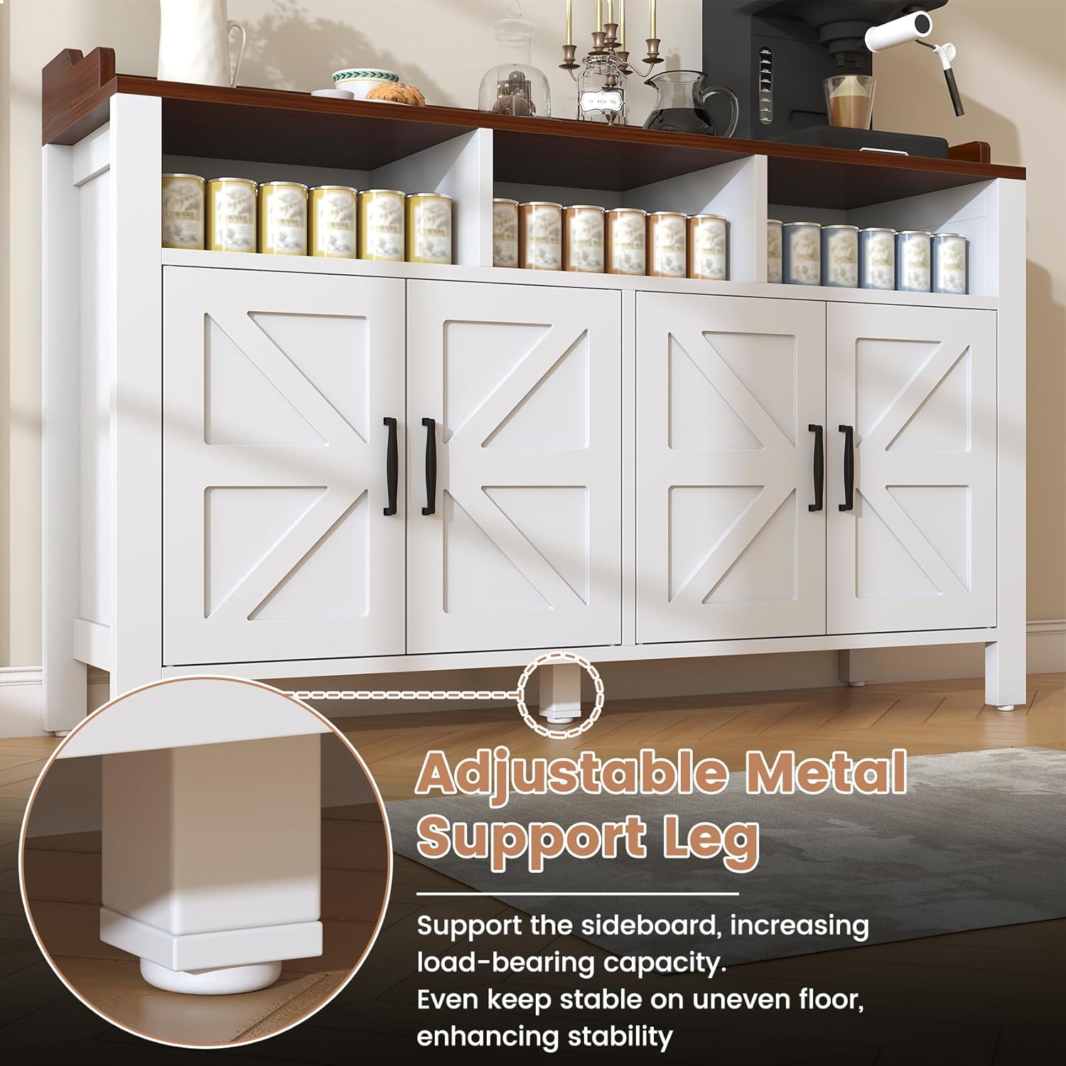 Buffet Cabinet with Storage Farmhouse with 4 Doors and 3 Open Compartments, 55'' Large Kitchen Storage Cabinet White Wood Coffee Bar Buffet Sideboard for Kitchen, Dining Room, Living Room White/Wood