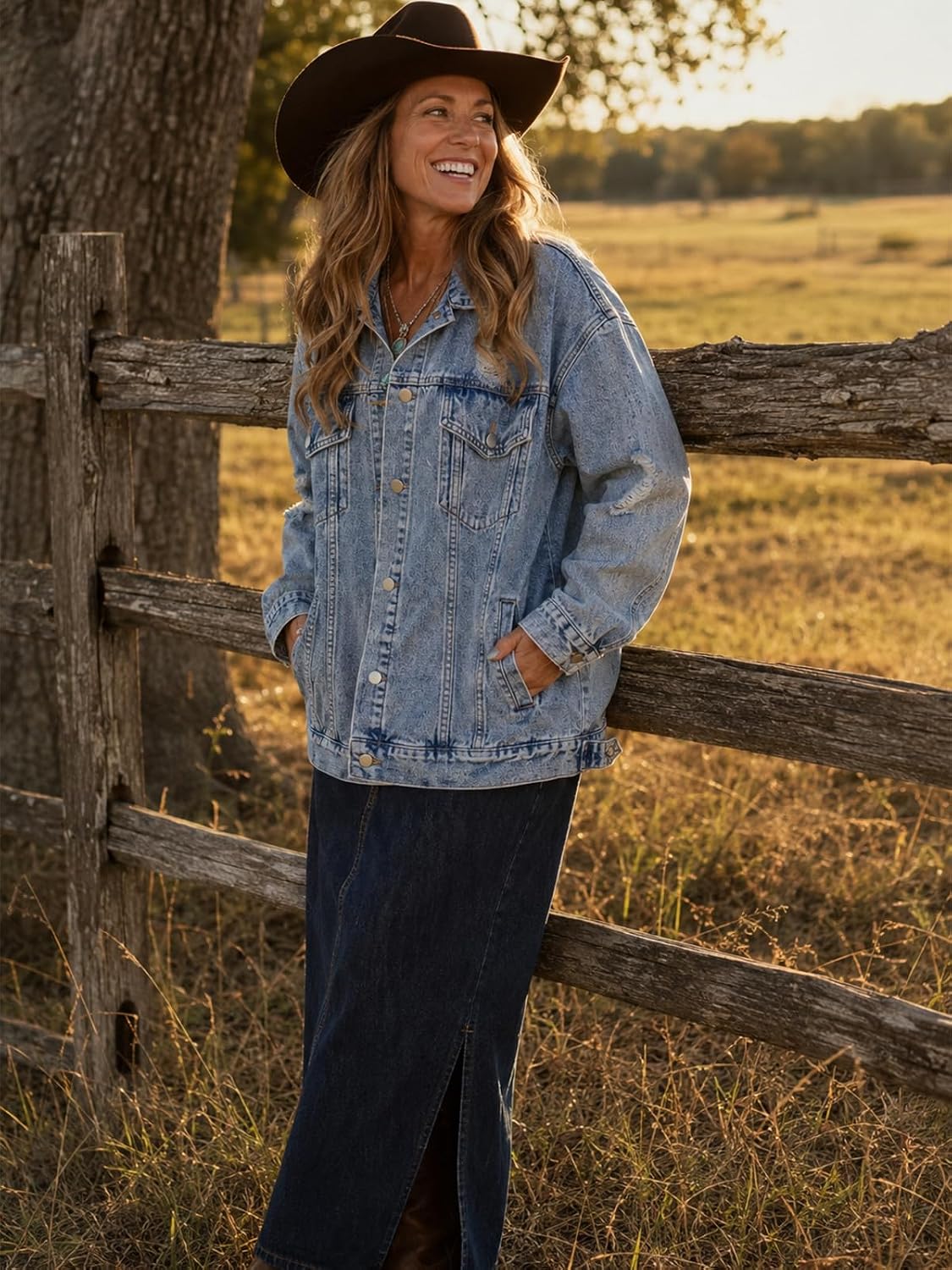 LifeShe Women's oversized Jean Jacket distressed denim Coat with Pockets