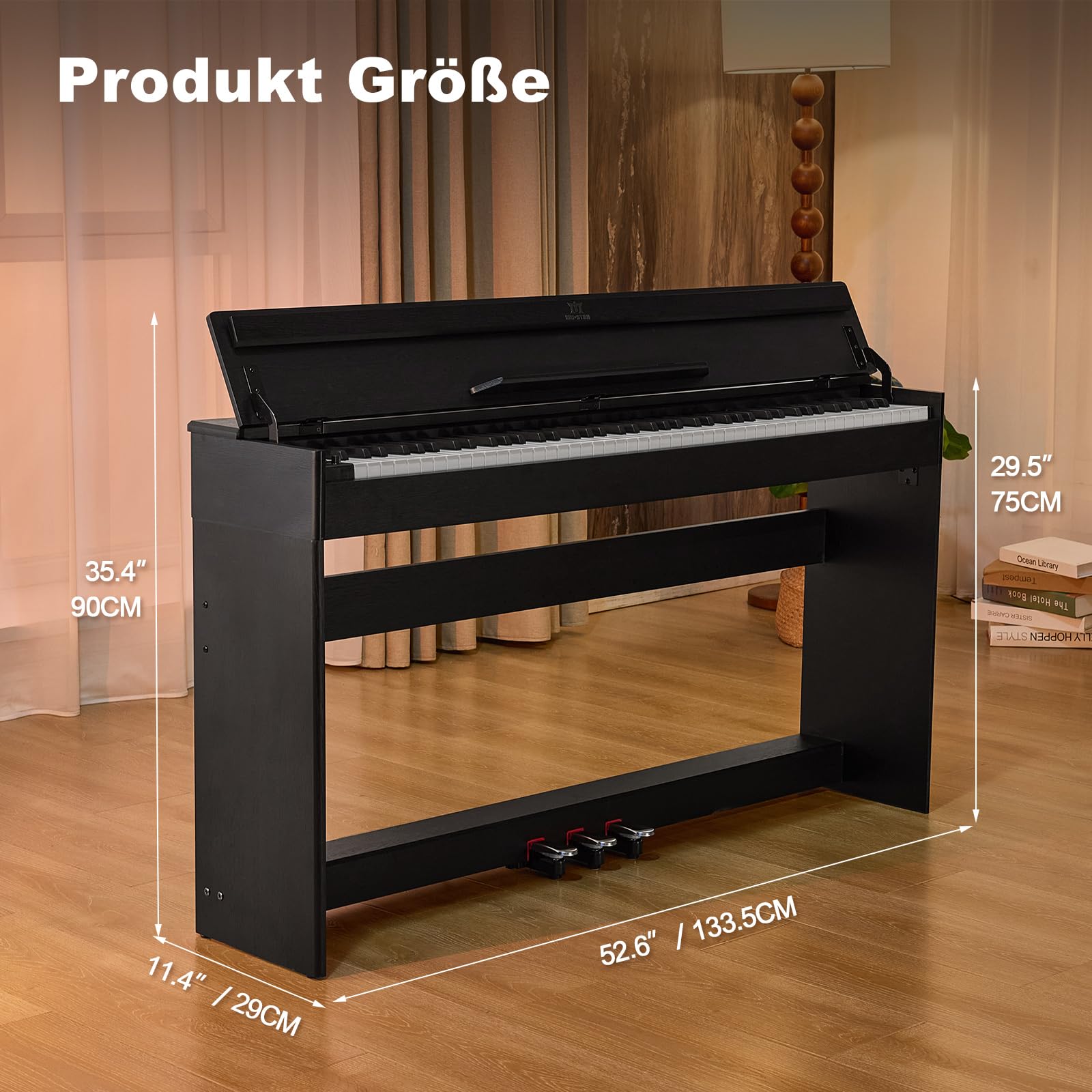 MUSTAR 88 Tasten Digital Piano, Halbgewichtete Tasten Klavier mit USB/MIDI und Bluetooth, Halb-offene Abdeckung, E-Piano mit 3-Pedal-Einheit, Stereolautsprechern, 800 Töne und 64 Polyphony, Schwarz