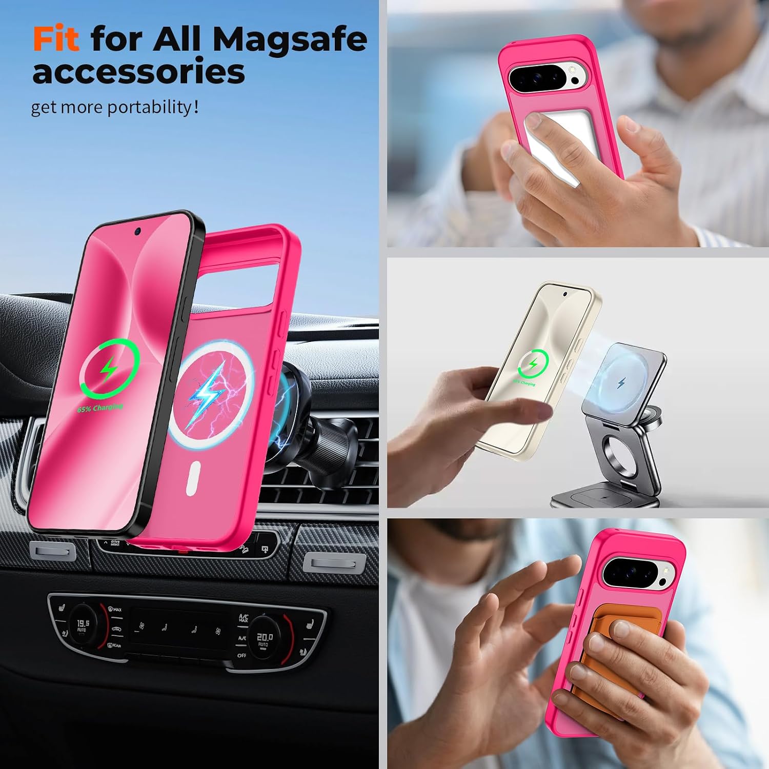SUPFINE Magnetic for Google Pixel 10 Pro XL Case with Screen Protector, (Built-in Magnets) ((Military Grade Drop Protection) Slim Translucent Shockproof Phone Case,Hot Pink