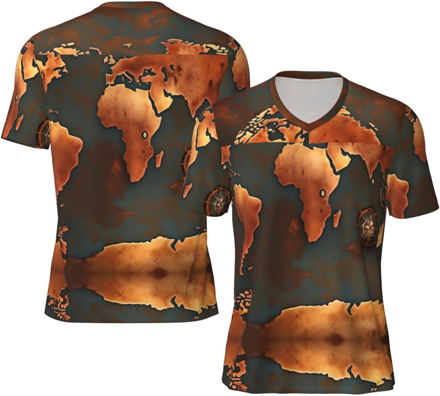 Rust World Map Rugby Football Jersey for Men, Comfortable V-Neck Loose Fit Top for Team Sports Athletics