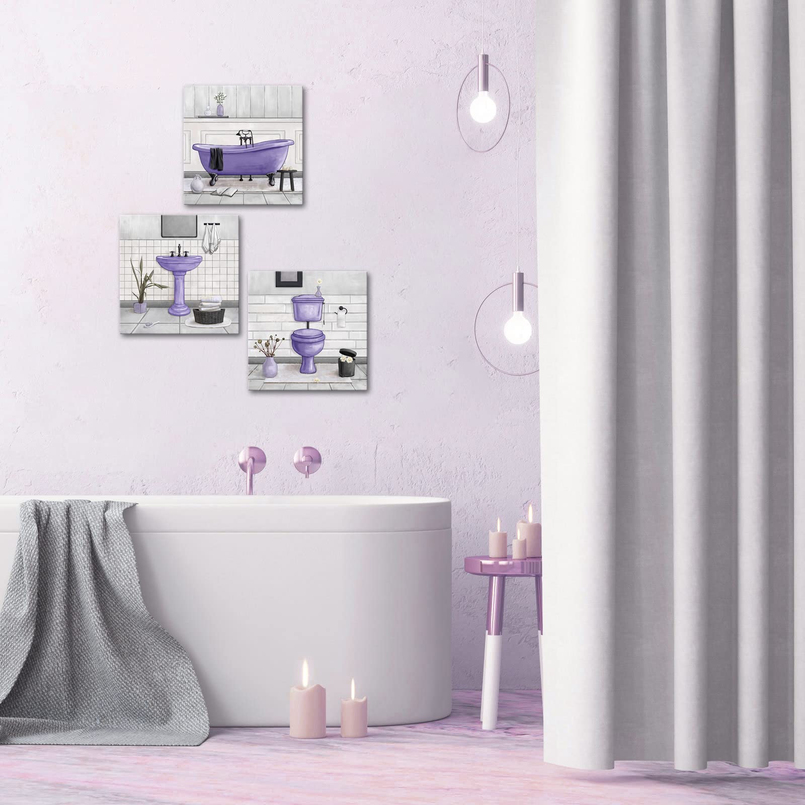 HOMEOART Vasca da bagno da parete per bagno, decorazione da parete con cornice, pronta da appendere, 30 x 30 cm x 3 cm, viola