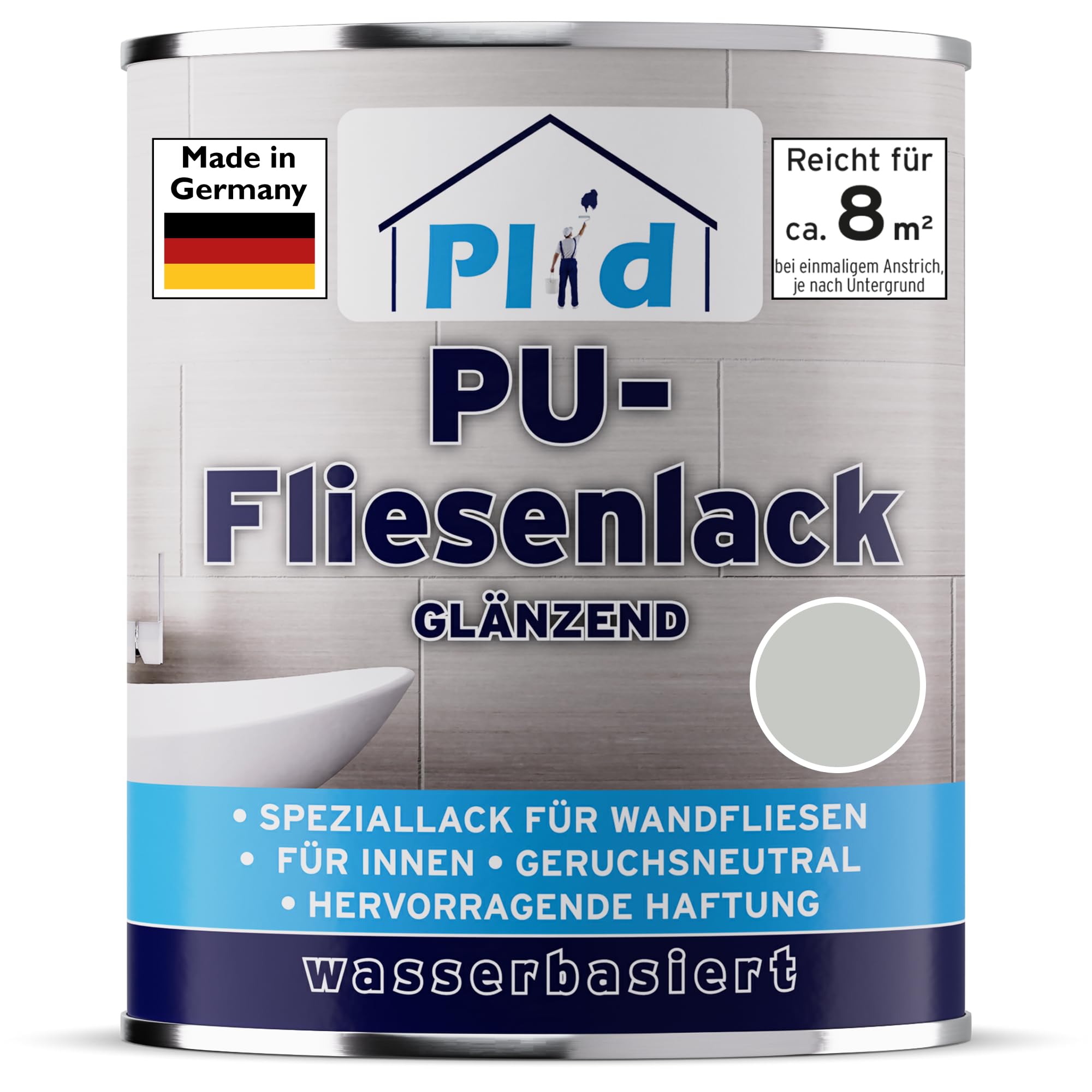 Plid® Fliesenfarbe & Fliesenlack – Badezimmer & Küche, Lichtgrau, 0,75 l, Feuchtigkeitsbeständig, Made in Germany