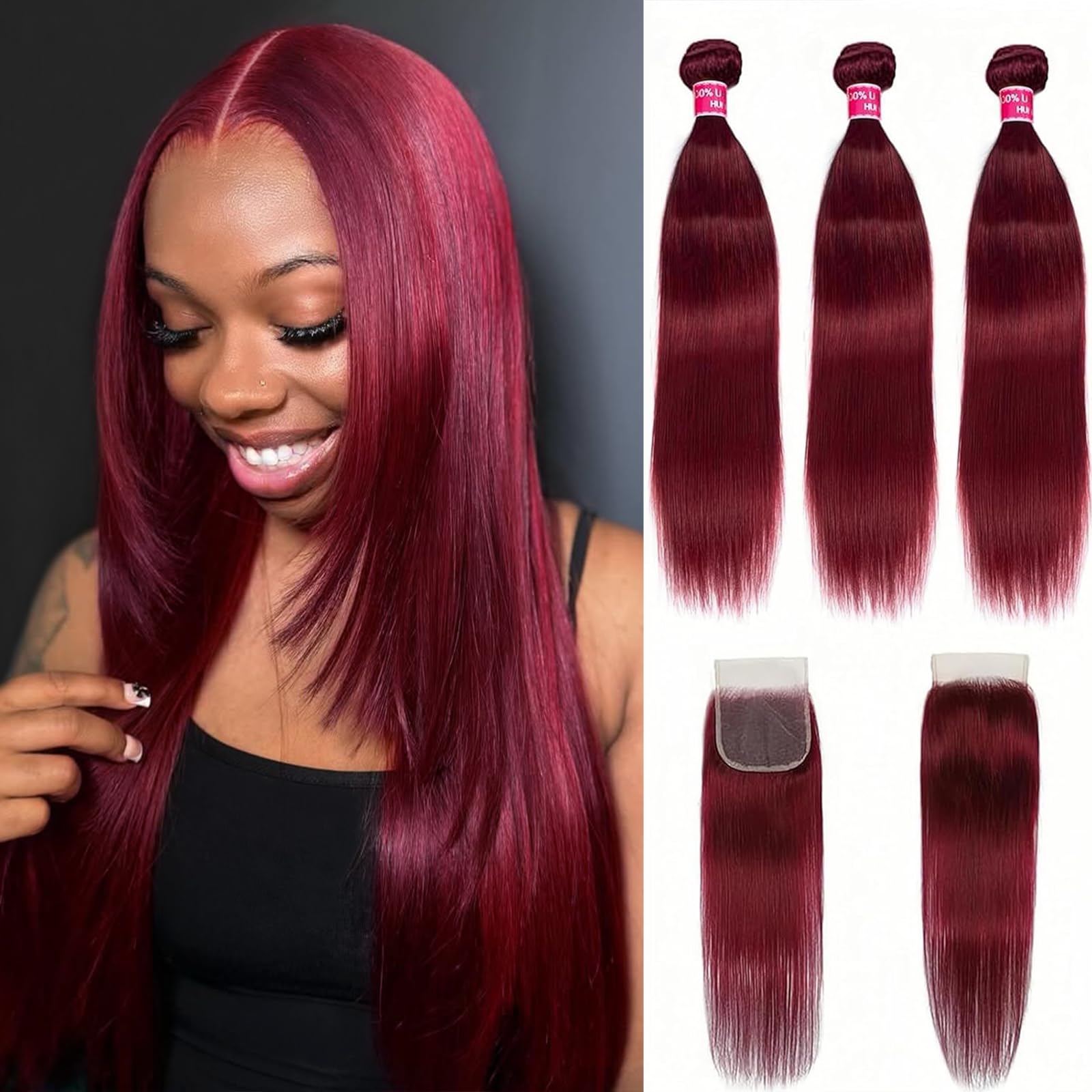 Realloves 99J Burgundy Wine Red Straight Bundles with 4x4 HD Lace Closure 3 Bundles 10A Brazilian Raw Remy Hair Colored Virgin Human Hair Extensions,