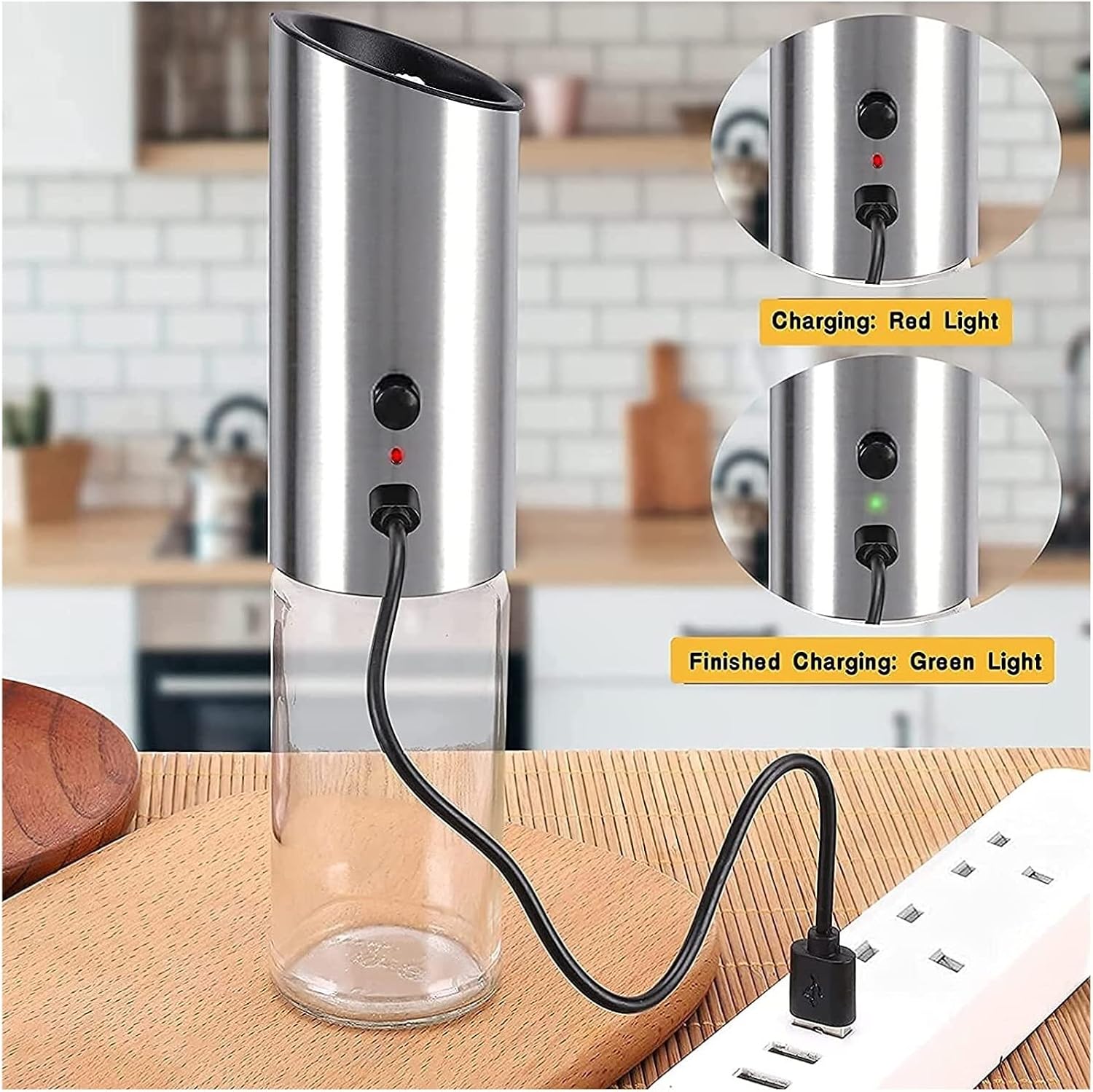 Refillable Pepper Mill Electric Salt And Pepper Grinder 2-Set, USB Rechargeable One-Handed Operation Adjustable Salt Peppercorn Shakers, 8.6*2.16in, Silver