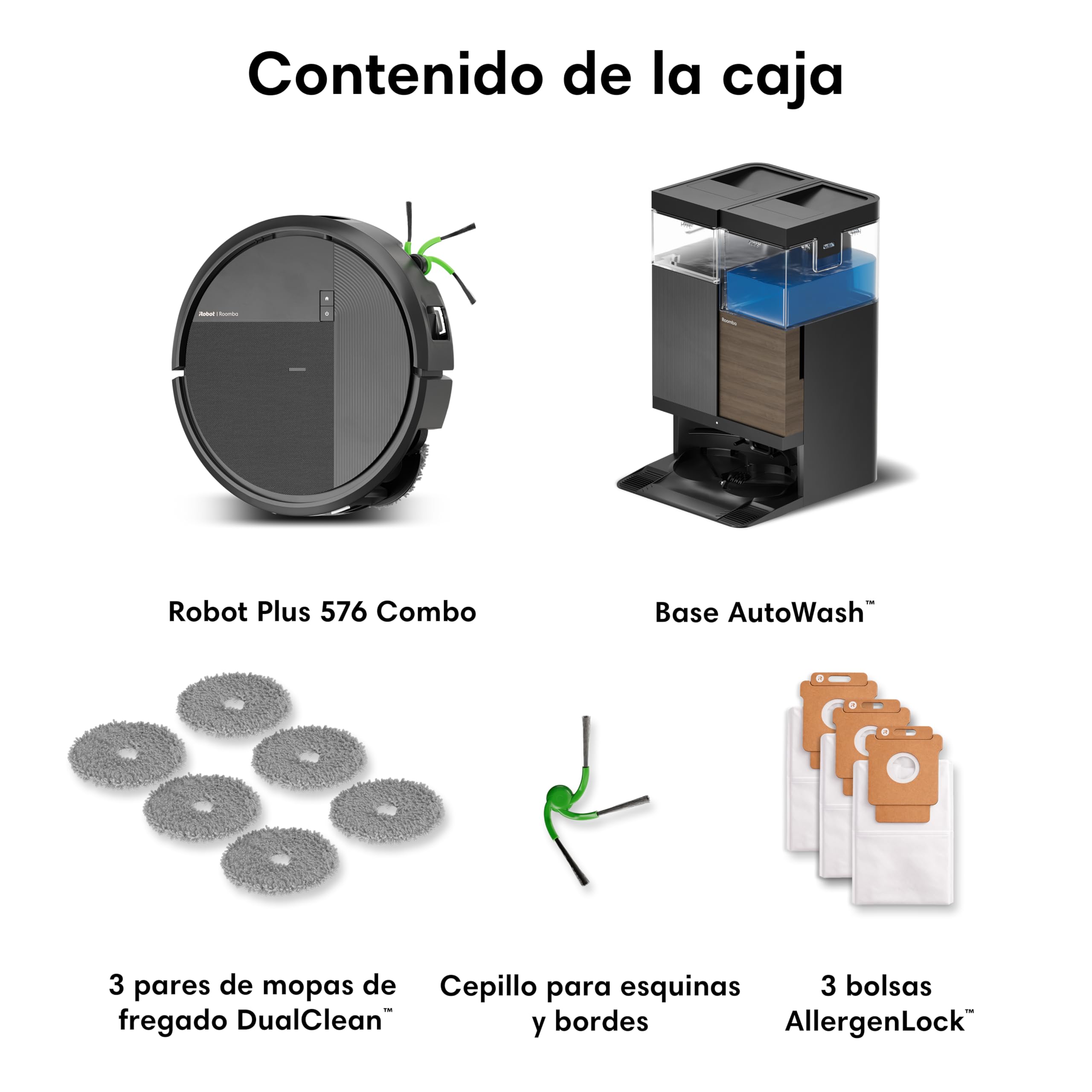 iRobot Roomba Plus 576 Combo y Base AutoWash multifunción, 25KPa, Mopas DualClean PerfectEdge, Lavado/Secado Calor, IA, PrecisionVision, Clearview Pro LiDAR, 90 días autonomía,Accesorios Extra, Negro