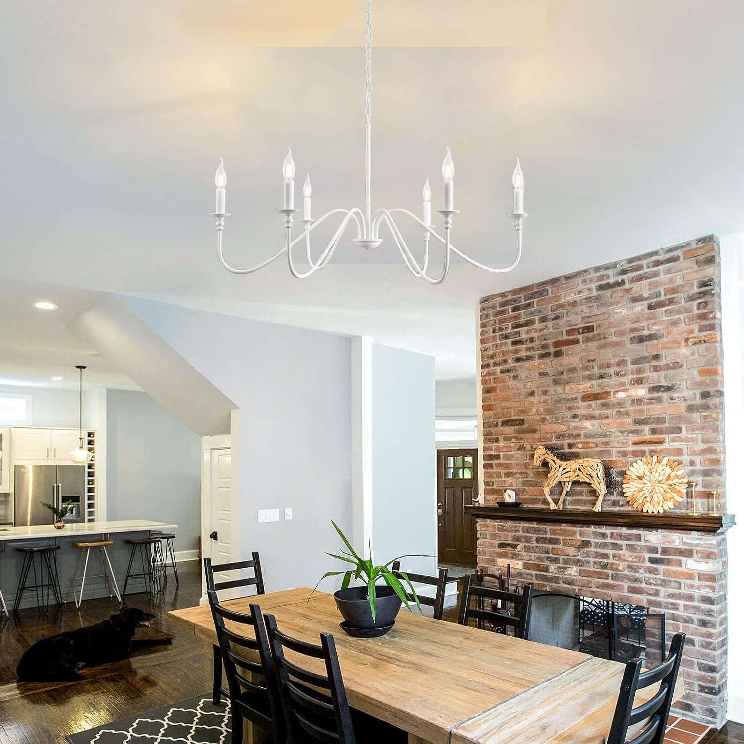 Lampadario Bianco, Lampadario in Stile Rustico Tradizionale, E14 Vintage a Candela in Ferro Battuto, Lampada a Soffitto a 6 Luci, Lampada Sospesa per Soggiorno Sala da Pranzo (Pre-collegato)