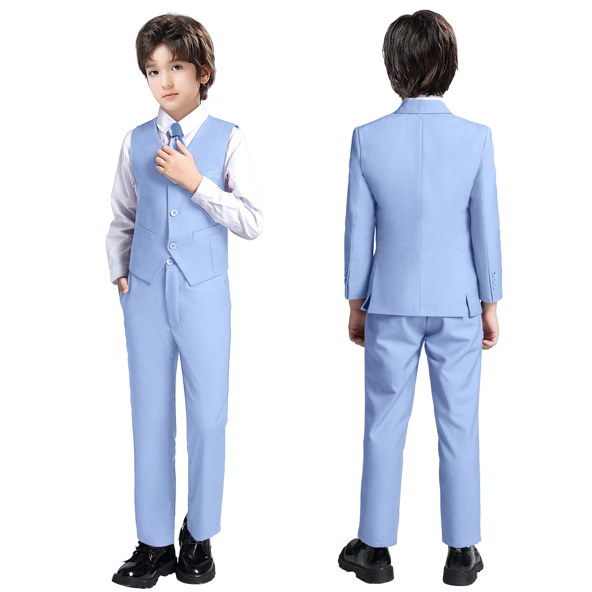 Boy's Formal Suit 7 Piece Slim Fit Tuxedo for Kids Teen Boys Jacket Vest and Pants Set for Wedding with Bow Tie Suspenders | Set mit Jacke, Weste und Hose, Hemd, Fliege, Krawatte, Hosenträger