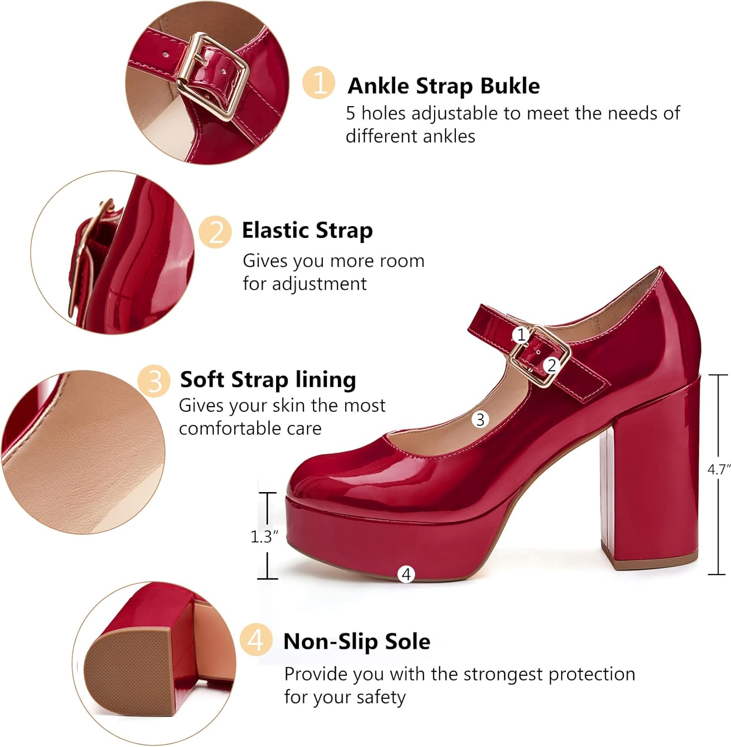 Coutgo Womens' T-Strap Round Toe Chunky Platform Heels Patent Mary Jane Dress Shoes - Image 3