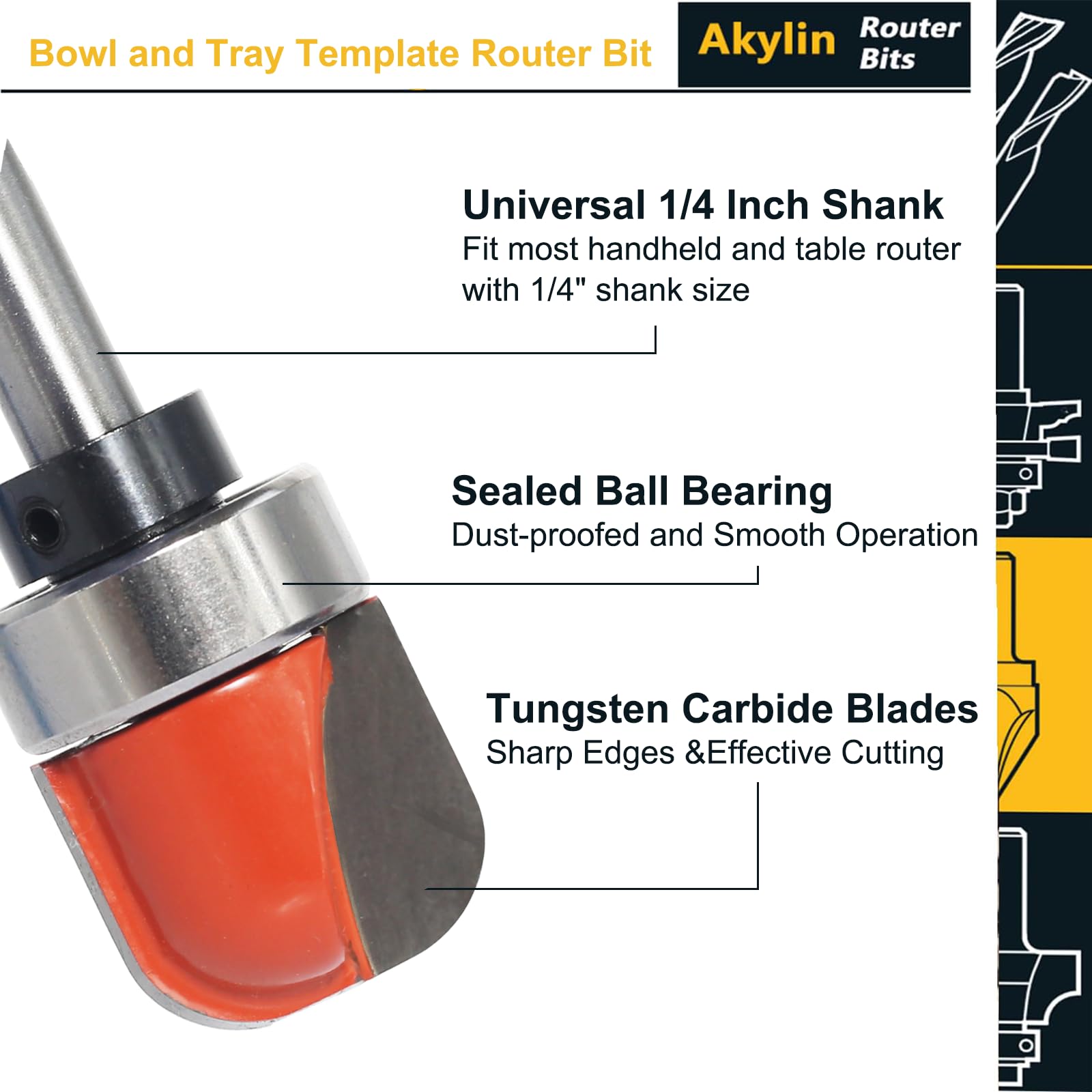 Akylin Dish Carving Router Bits, 1/4 Inch Shank Bowl and Tray Template Router Bit Set including Ball Bearing - Image 3
