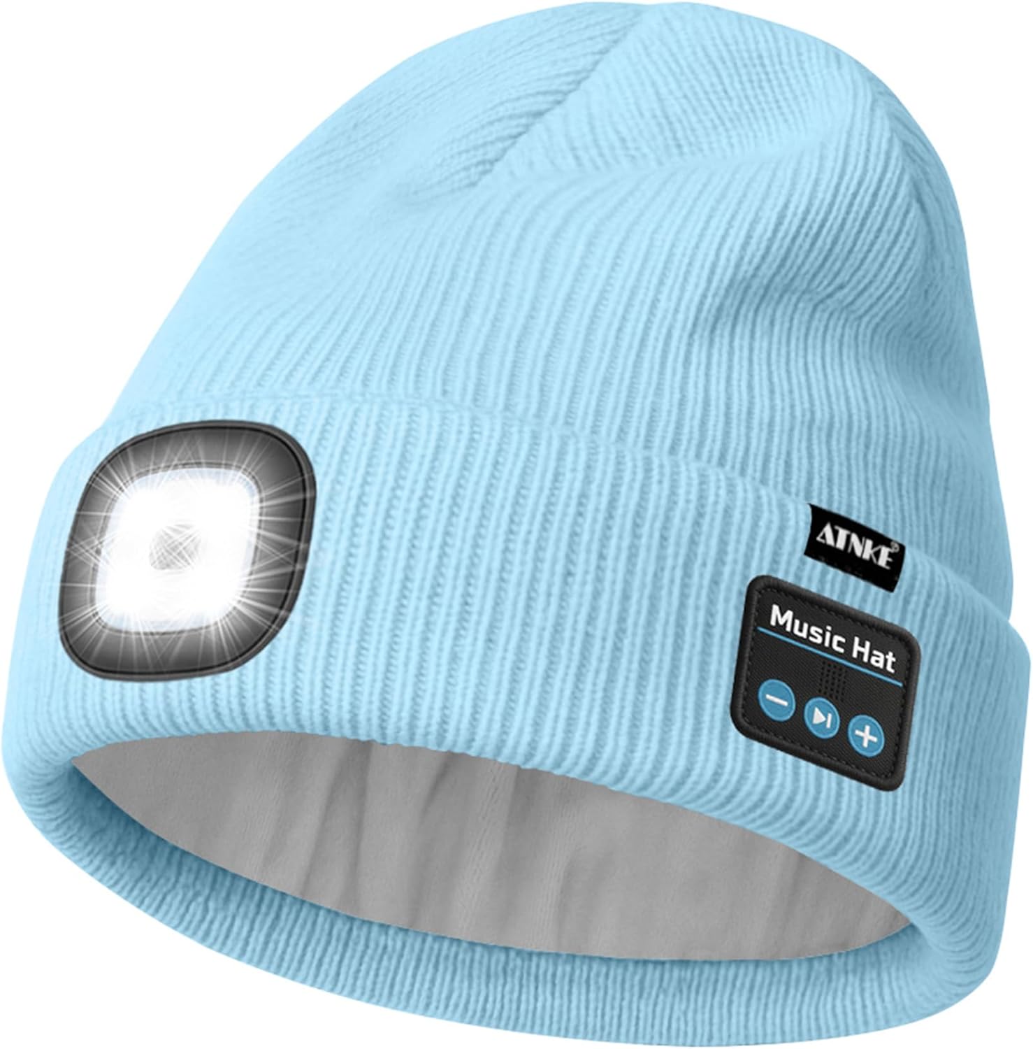 ATNKE LED Lighted Bluetooth Lined Fleece Beanie Hat, USB Rechargeable 4 LED Wireless Run Headlamp Cap for Men and Women