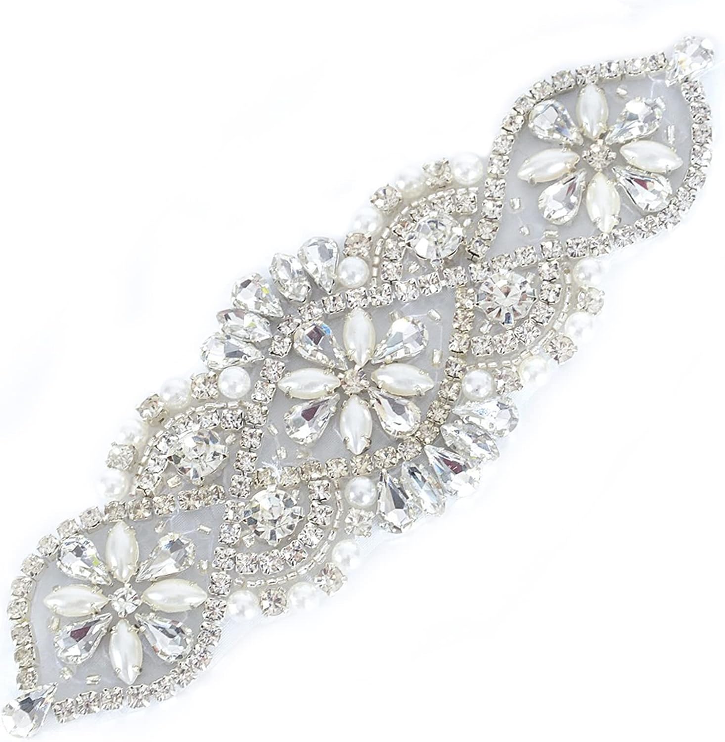 ShiDianYi Diamante Applique, Rhinestone Applique, Crystal Bridal Sash Applique Silver Bridal Rhinestone Belt in 6inch long x 2inch wide Beaded Silver Belt for Wedding Dress