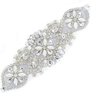 ShiDianYi Diamante Applique, Rhinestone Applique, Crystal Bridal Sash Applique Silver Bridal Rhinestone Belt in 6inch long x 2inch wide Beaded Silver Belt for Wedding Dress