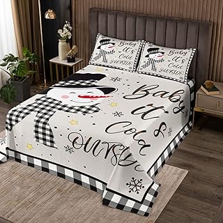 Kids Christmas Snowman Bedspread Queen Size,Snowflake Winter Coverlet,Girls Boys Adults Bedroom/Xmas Cabin Decor,Geometric Grids Lattice Quilted Coverlet,Rustic Vintage Bedding Quilt,2 Pillowcases