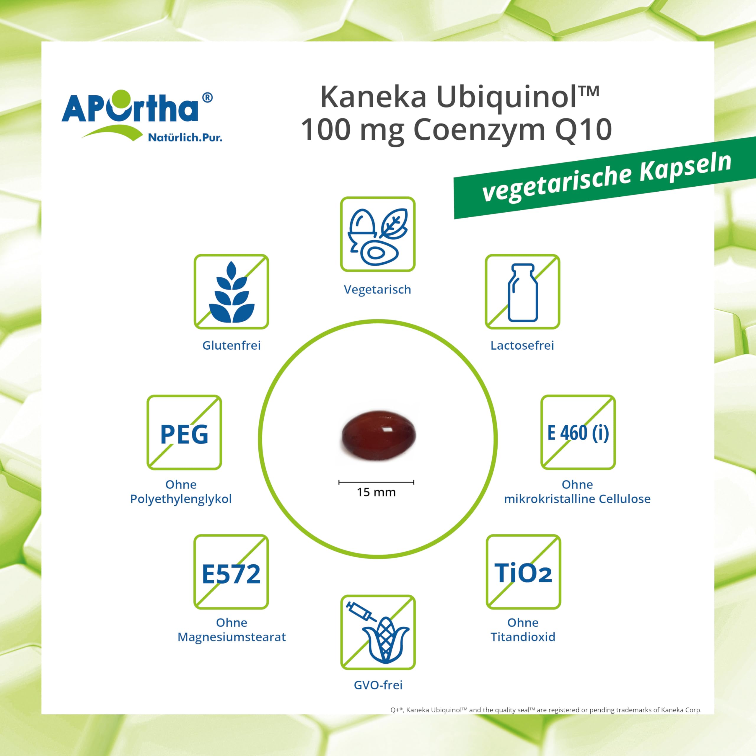 APOrtha Kaneka Ubiquinol Coenzym Q10 100 mg 60 vegetarische Kapseln, CoQ10 Kapseln hochdosiert 100mg, Hohe Bioverfügbarkeit durch bioaktives Ubiquinol, 2-fach Patentierter Rohstoff