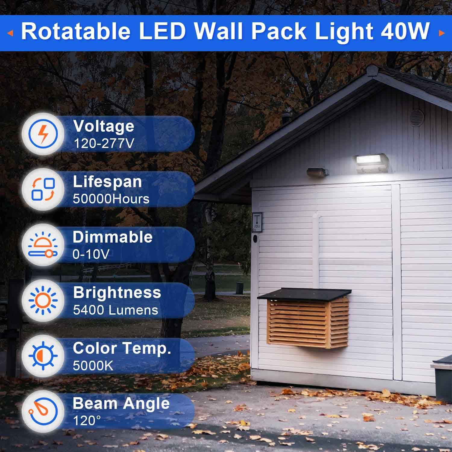 40W Rotatable LED Wall Pack Light, 5000K 5400LM, Adjustable Head Outdoor Area Wall Mount Light, IP65 Waterproof Commercial Outdoor Security Lighting for Warehouse, Parking Garage, UL&DLC Listed
