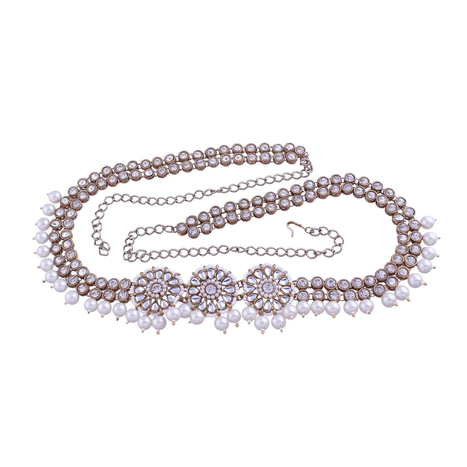 I Jewels 18K Gold Plated Indian Wedding Bollywood Floral Kundan & Pearl Studded Adjustable Kamarband/Belly Chain For Women/Girls (B033W)