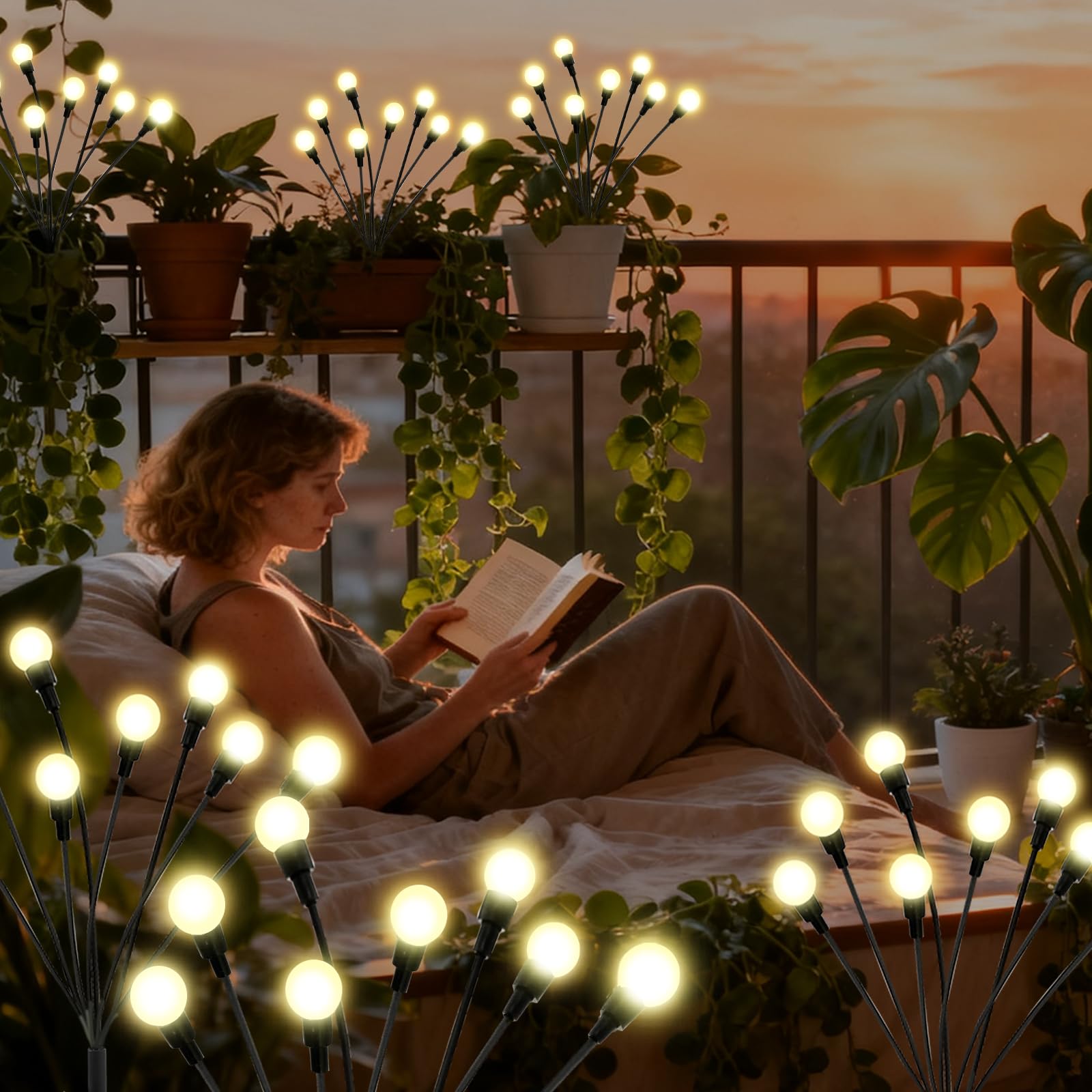 ALSO GO Luces solares para exteriores, paquete de 2 luces LED de luciérnaga, luces solares impermeables para jardín, luces solares de luciérnaga para patio, camino, decoración al aire libre, regalos