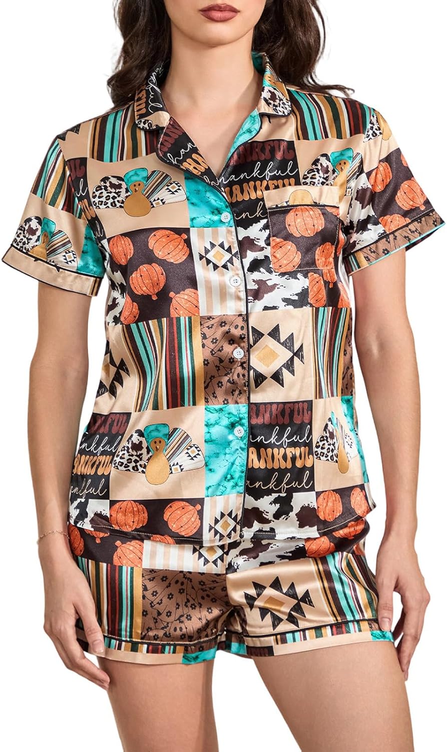 Women Halloween Pajama Sets Short-Sleeve Button Shirt and Shorts 2 Piece Lounge Set Ghost Pumpkin Pjs Sleepwear