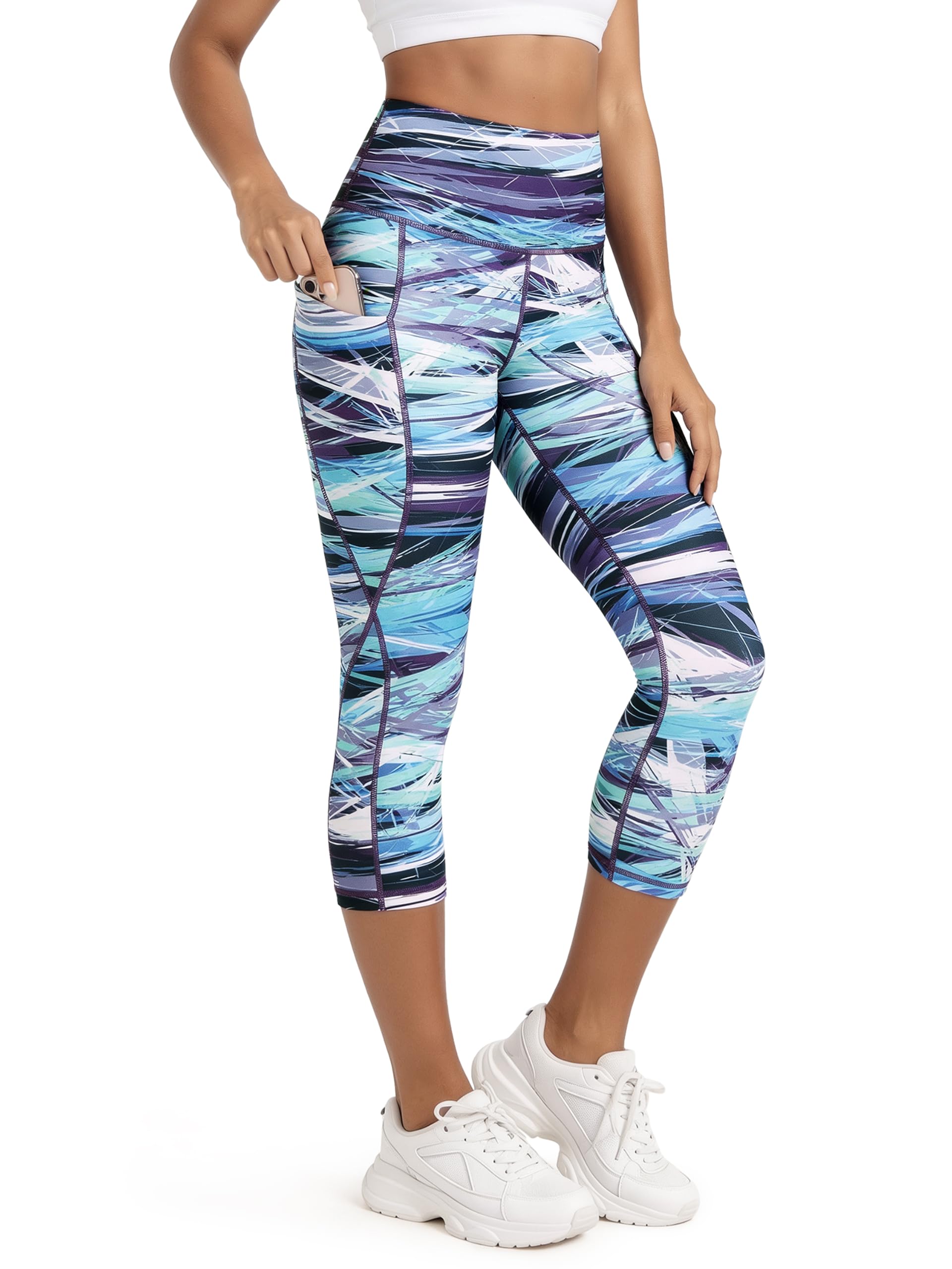 ODODOS Women's High Waisted Yoga Capris with Pockets, Tummy Control Non See Through Workout Athletic Running Capri Leggings